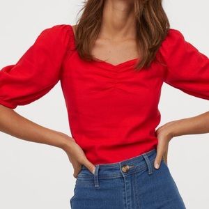 H&M Red Linen Blend Puff Sleeve Blouse
